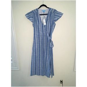 Draper James Striped Linen Wrap Dress Blue Multi Cap sleeve Size 10 NWT